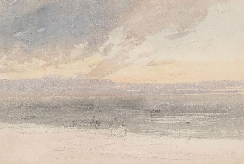 Óleo sobre tela de David Cox retratando um pôr do sol na costa com uma figura solitária.