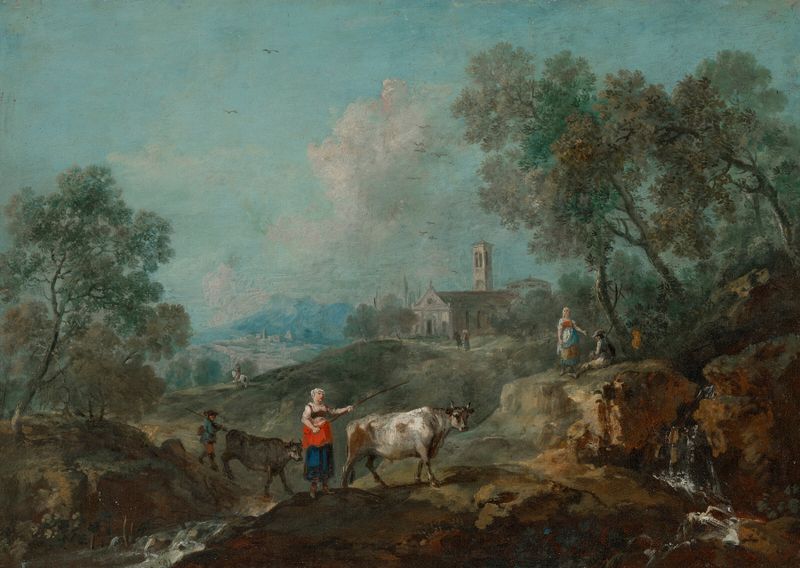Rococo landscape with peasants herding cattle near a stream, oil painting by Francesco Zuccarelli
