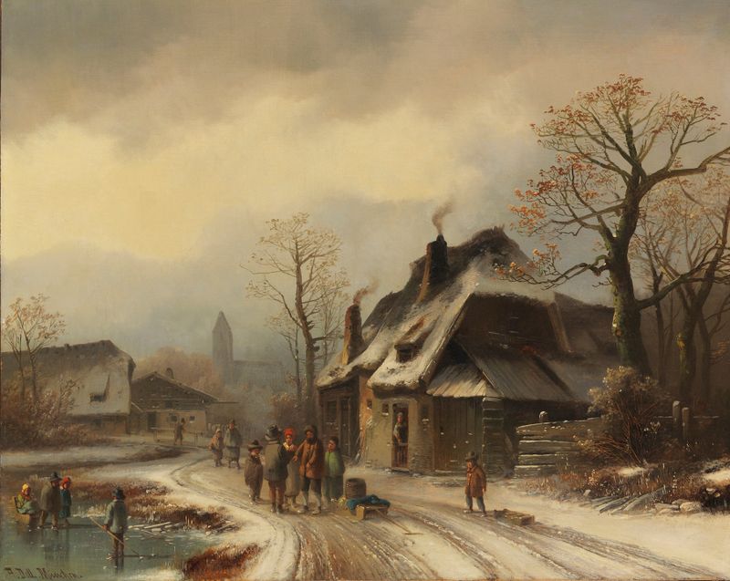Winterliche Dorfansicht de Anton Doll, óleo sobre lienzo que representa un pueblo nevado con casas de madera.