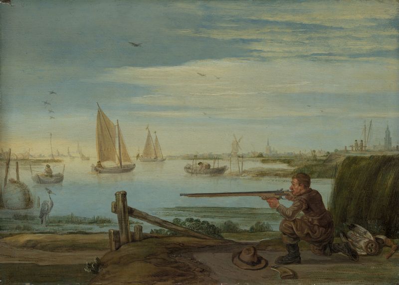 A Bird Hunter on a Riverbank, oil on canvas by Arent Arentsz. Cabel