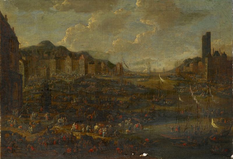 Seaport II by Adriaen Frans Boudewijns, oil painting of a serene harbor.