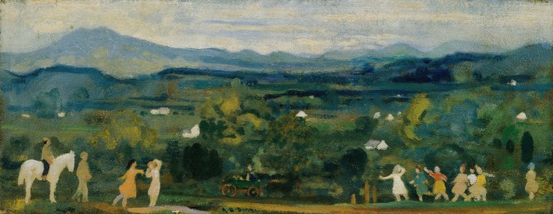 Figuras etéreas en un claro con una diosa que sostiene un brote, óleo sobre lienzo de Arthur Bowen Davies