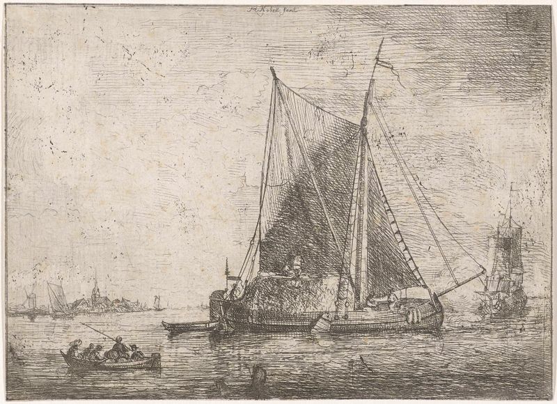 Etching by Hendrik Kobell depicting figures around a fishing boat
