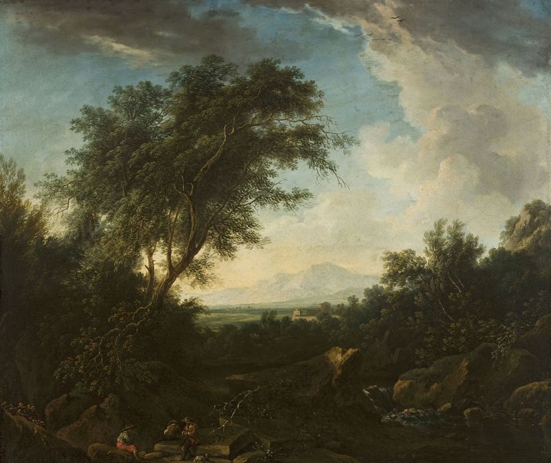 Landscape by Cornelis Huysmans, oil on canvas depicting trees under a pastel sky.