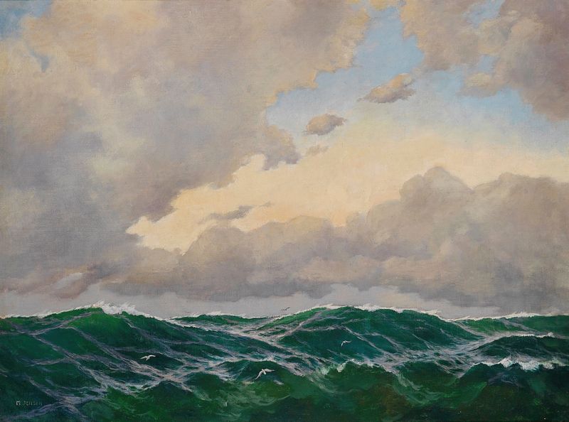 Marine by Max Jensen, an oil painting depicting a serene blue sea and light reflections.
