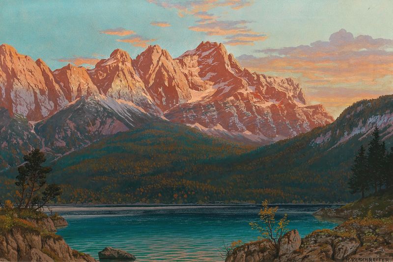 Landscape of Eibsee with Zugspitze, oil on canvas by Rudolf Reschreiter