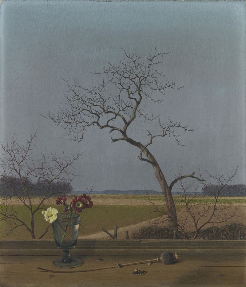 Pintura a óleo de paisagem de Herbert Böttger retratando a primavera com pastéis suaves e verdes.