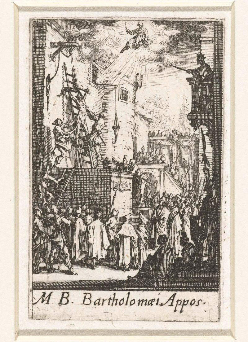 Grabado de Jacques Callot que muestra a Bartolomé en agonía durante el martirio.