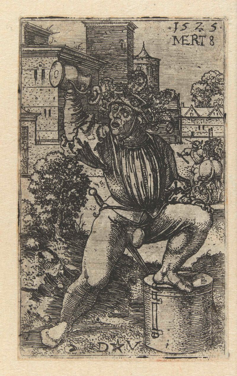 Gravura de Dirck Vellert mostrando um tocador de pandeiro balançando.