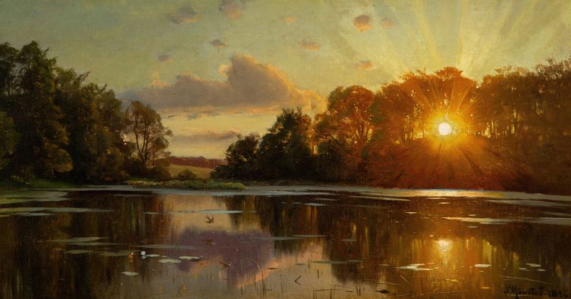 Oil painting by Peder Mørk Mønsted depicting a tranquil twilight landscape