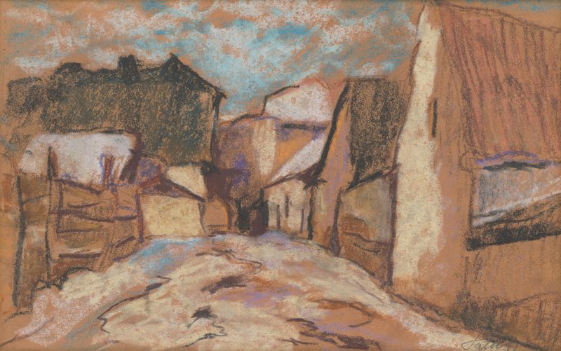 Interior scene of an alleyway with light and shadows, oil painting by Zolo Palugyay, 1926