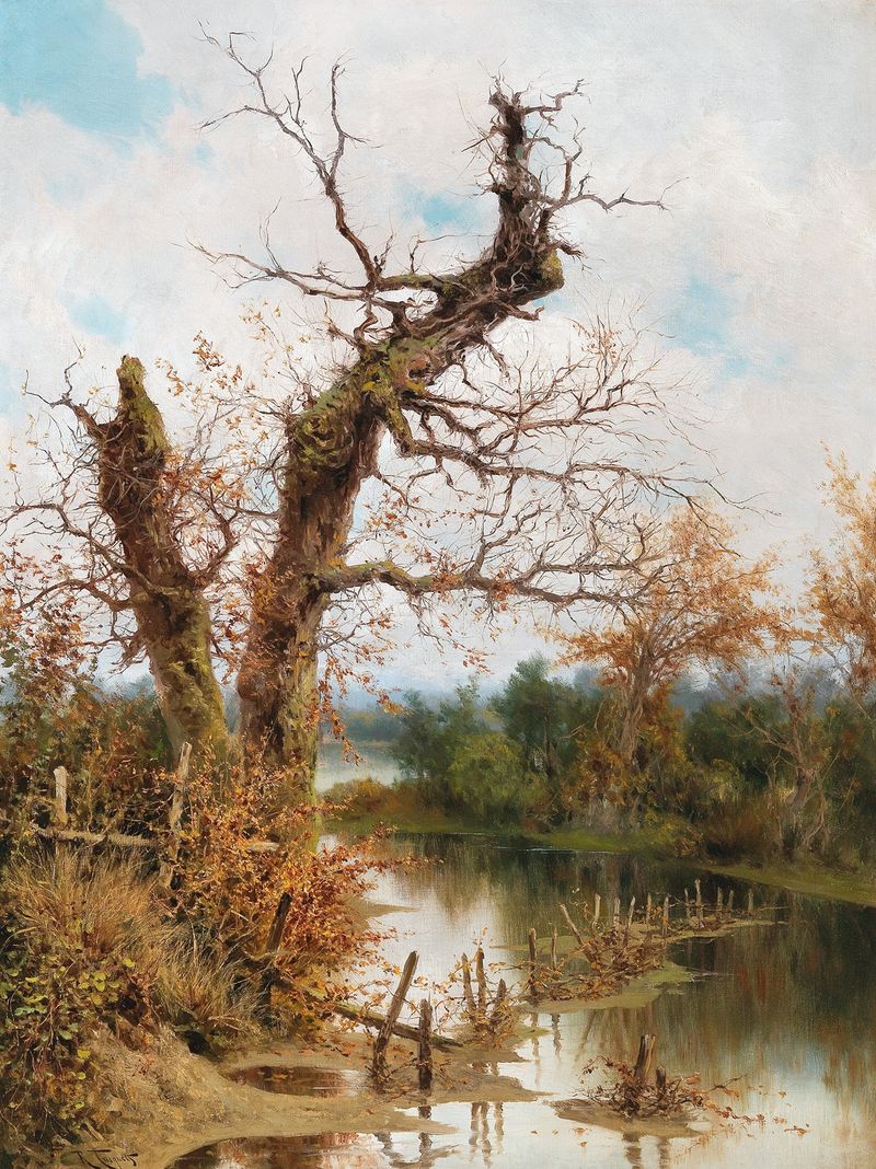 Old Tree by the Stream, óleo sobre lienzo de Ramón Tusquets, que muestra un árbol retorcido junto a un arroyo.