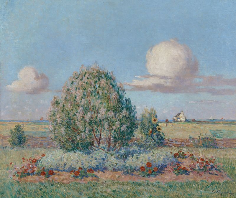 Botanical oil painting by Ferdinand du Puigaudeau featuring vibrant flowers