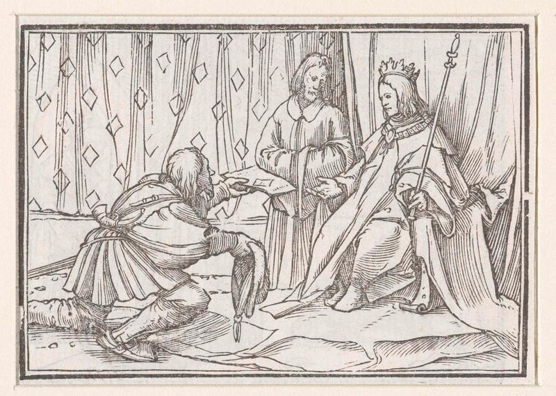 Desenho histórico em papel de Hans Holbein com um mensageiro real e uma carta.