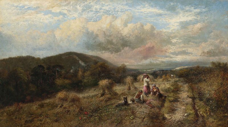 Landscape of harvest with figures under a sunny sky, oil painting by George Cole