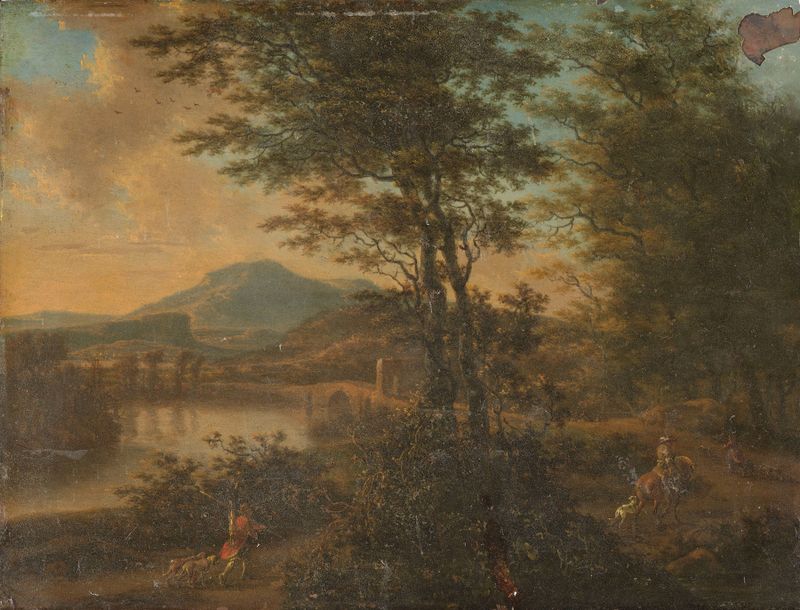 Italian Landscape at Sunset by Willem de Heusch, oil on canvas depicting a sunset over a tranquil landscape.