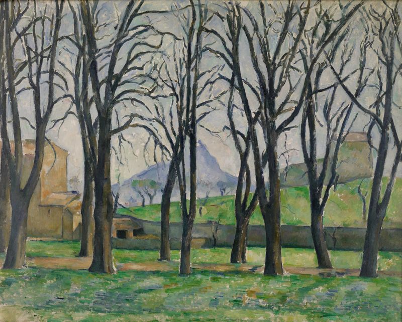 Chestnut Trees at Jas de Bouffan, óleo sobre lienzo de Paul Cezanne, con árboles robustos y luz natural.