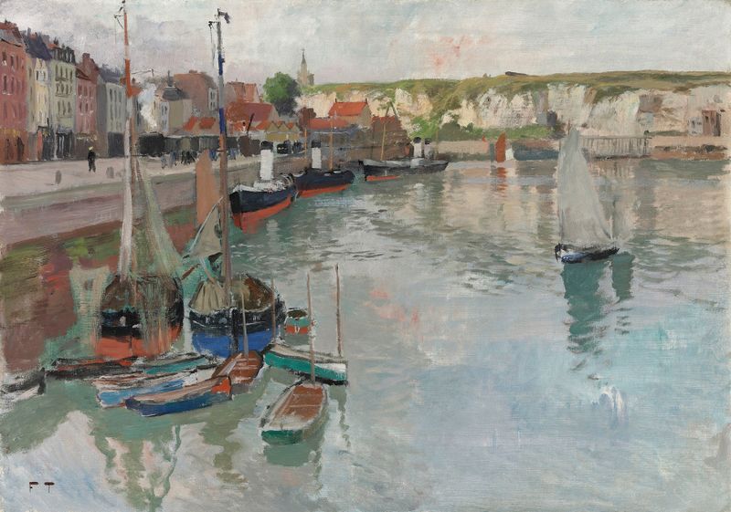 Dieppe by Frits Thaulow, oil painting depicting frothy waves and stormy sky