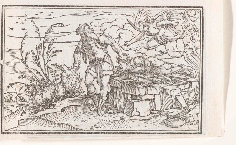 Abraham offert zijn zoon Isaac, etching by Hans Holbein, depicting a father's emotional struggle.