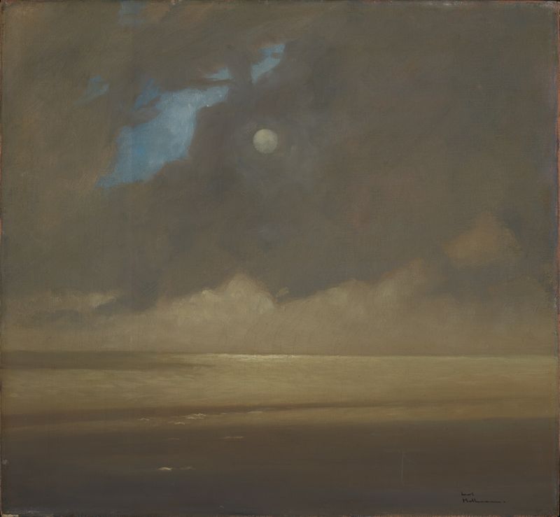 Morgennebel am Bodensee, óleo sobre tela de Carl Hollmann, retratando uma paisagem de lago nevoenta.