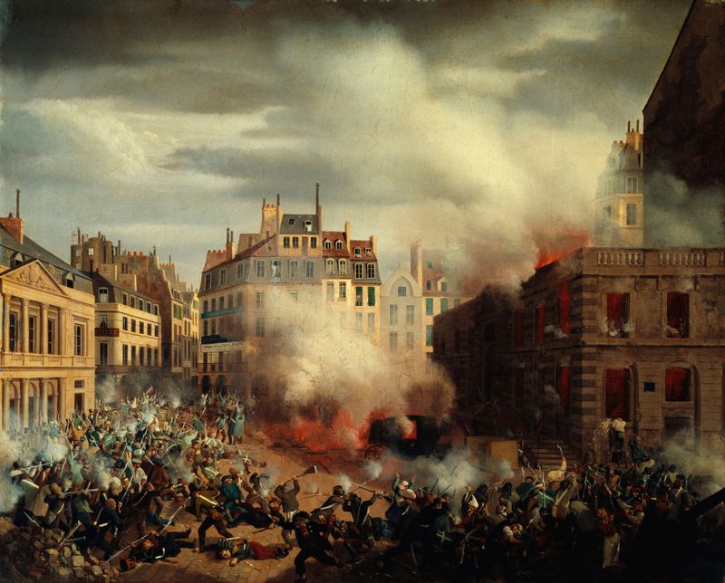 Escena histórica de un incendio en París, óleo sobre lienzo de Eugène Henri Adolphe Hagnauer
