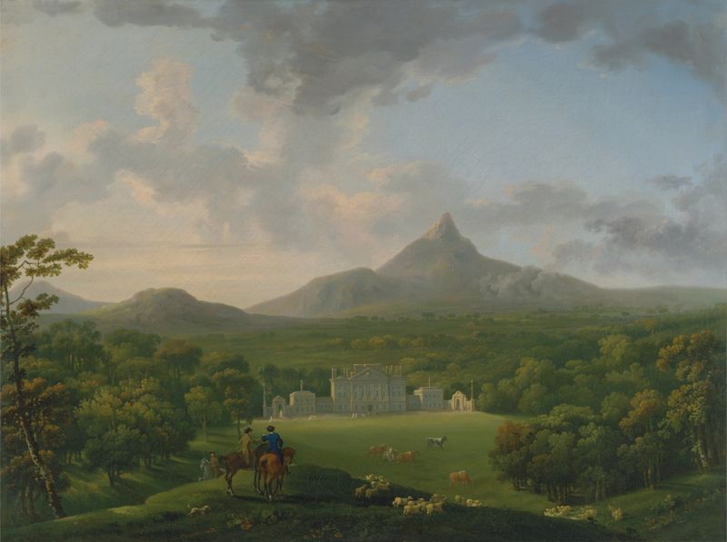 Powerscourt, County Wicklow, Irlanda de George Barret, óleo sobre lienzo que muestra árboles exuberantes y naturaleza tran...