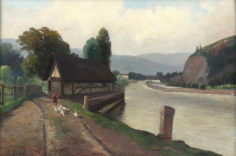 Flußlandschaft mit Gänseliesl de Franz Demel, Romanticismo, que representa un paisaje de río sereno.