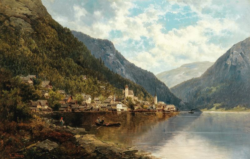 Paisaje de Hallstätter See de Josef Thoma, pintura al óleo que muestra un lago con montañas y reflejos.
