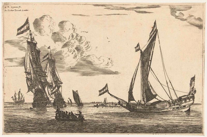Two warships and a yacht at sea, etching by Reinier Nooms