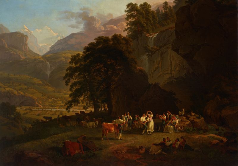 Escena de género que representa una reunión en un paisaje exuberante, pintura al óleo de Gabriel Lory the Younger.