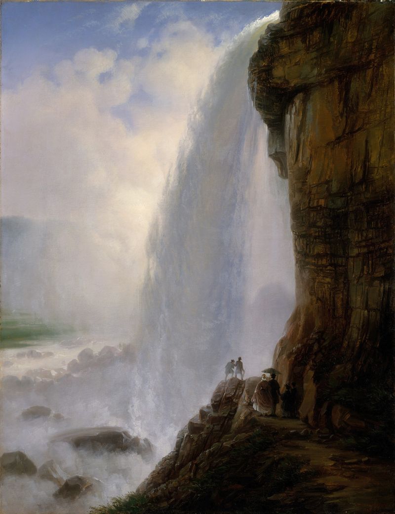 Underneath Niagara Falls de Ferdinand Richardt, pintura a óleo que retrata uma poderosa cachoeira.