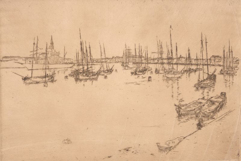 San Giorgio de James Abbott McNeill Whistler, pintura al óleo que muestra la silueta de San Giorgio Maggiore al atardecer.