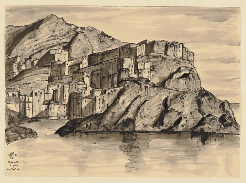 Oil painting by Hermann Lismann depicting coastal Liguria with cliffs and village