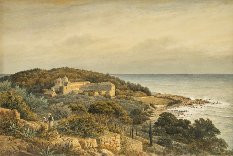 Marine scene with azure waters and rocky shore by Anton Perko