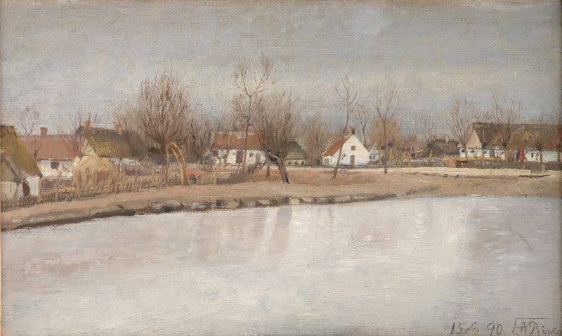 The Village Pond at Ring, Zealand by Laurits Andersen Ring, oil on canvas depicting a serene landscape.