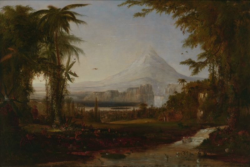 O Jardim do Éden de Robert S. Duncanson, óleo sobre tela que retrata uma paisagem exuberante com flores e um riacho.