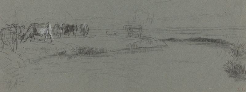 River Bank with Cattle, oil on canvas by Constant Troyon, depicting cattle near a river.