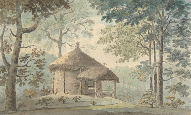A Summerhouse in the Rustic Style de Jonathan Fisher, óleo sobre tela que retrata uma estrutura rústica em uma paisagem ve...