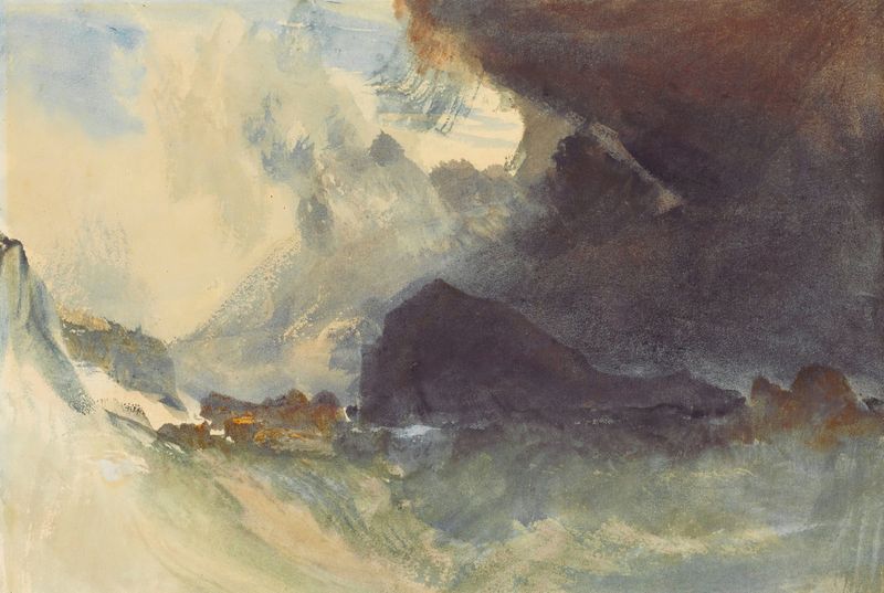 The Mewstone, Devon de Joseph Mallord William Turner, óleo que representa un acantilado y un mar turbulento.