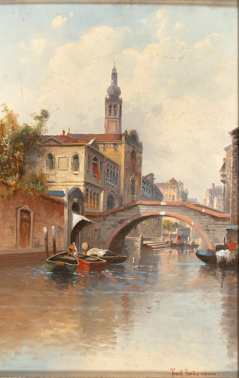 Venecia, Canal Reggio de Karl Kaufmann, óleo sobre lienzo que representa un canal sereno con edificios y reflejos.