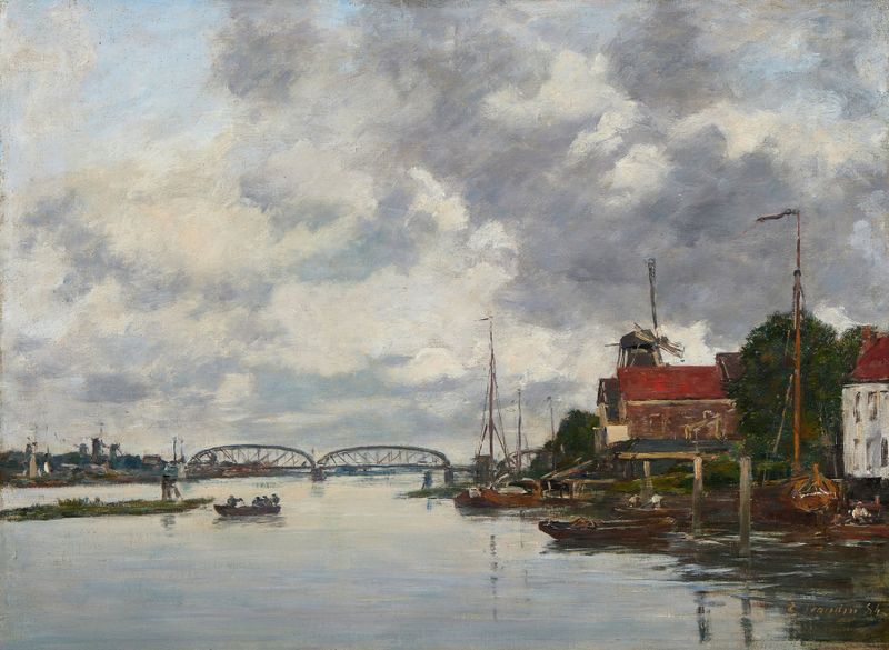 Dordrecht, Pont sur la Meuse de Eugène Boudin, óleo sobre lienzo que representa un río y un puente