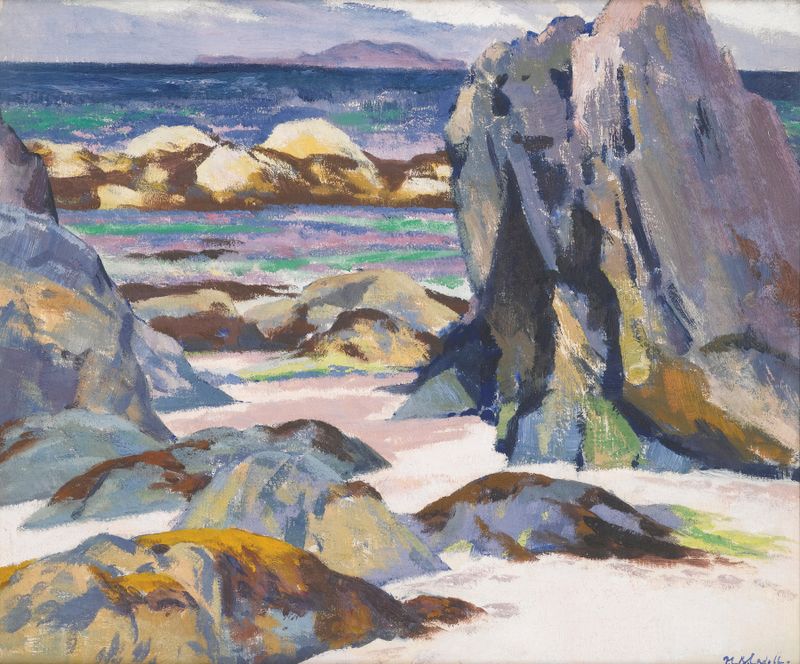 Lunga From Iona by Francis Campbell Boileau Cadell, oil on canvas depicting cliffs and sea.