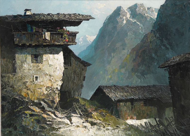 Landscape by Oskar Mulley, 1930, depicting hills and a radiant sky.