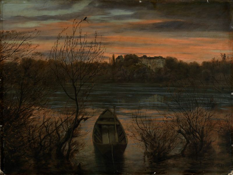 Cena marinha com um barco solitário na água, pintura a óleo de Hans Thoma