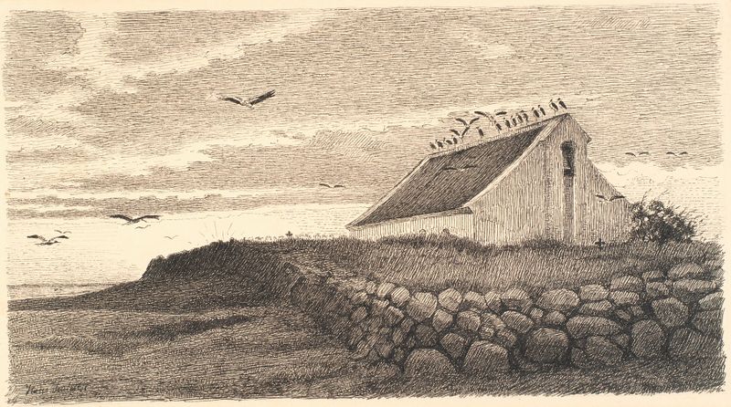 Landscape with storks at sunset, oil on canvas by Hans Smidth