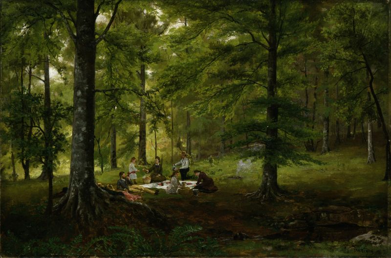 Picnic Scene de John Martin Tracy, pintura al óleo que muestra figuras reunidas a la luz del sol.
