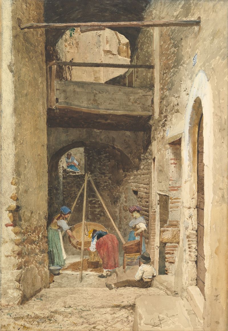 Escena de género con figuras en un patio italiano, pintura al óleo de Cavaliere Pio Joris.