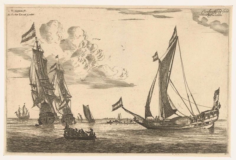 Gravura de Reinier Nooms representando navios de guerra e um iate em águas calmas