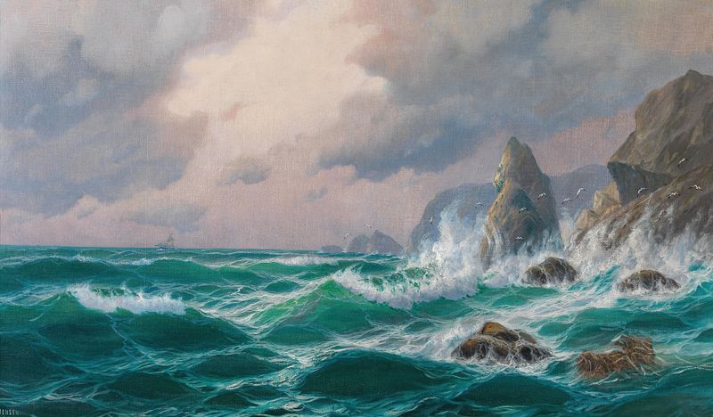 Stormy sea with crashing waves and rocky coast, oil painting by Max Jensen