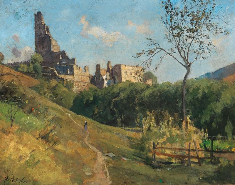 Ruins in the Wachau region by Eduard Zetsche, oil painting of weathered stone structures.